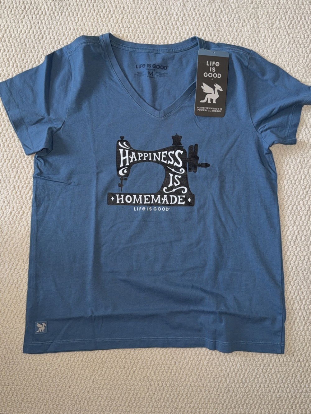 Life Is Good Blue V-Neck Tee with Black Sewing Machine Graphic